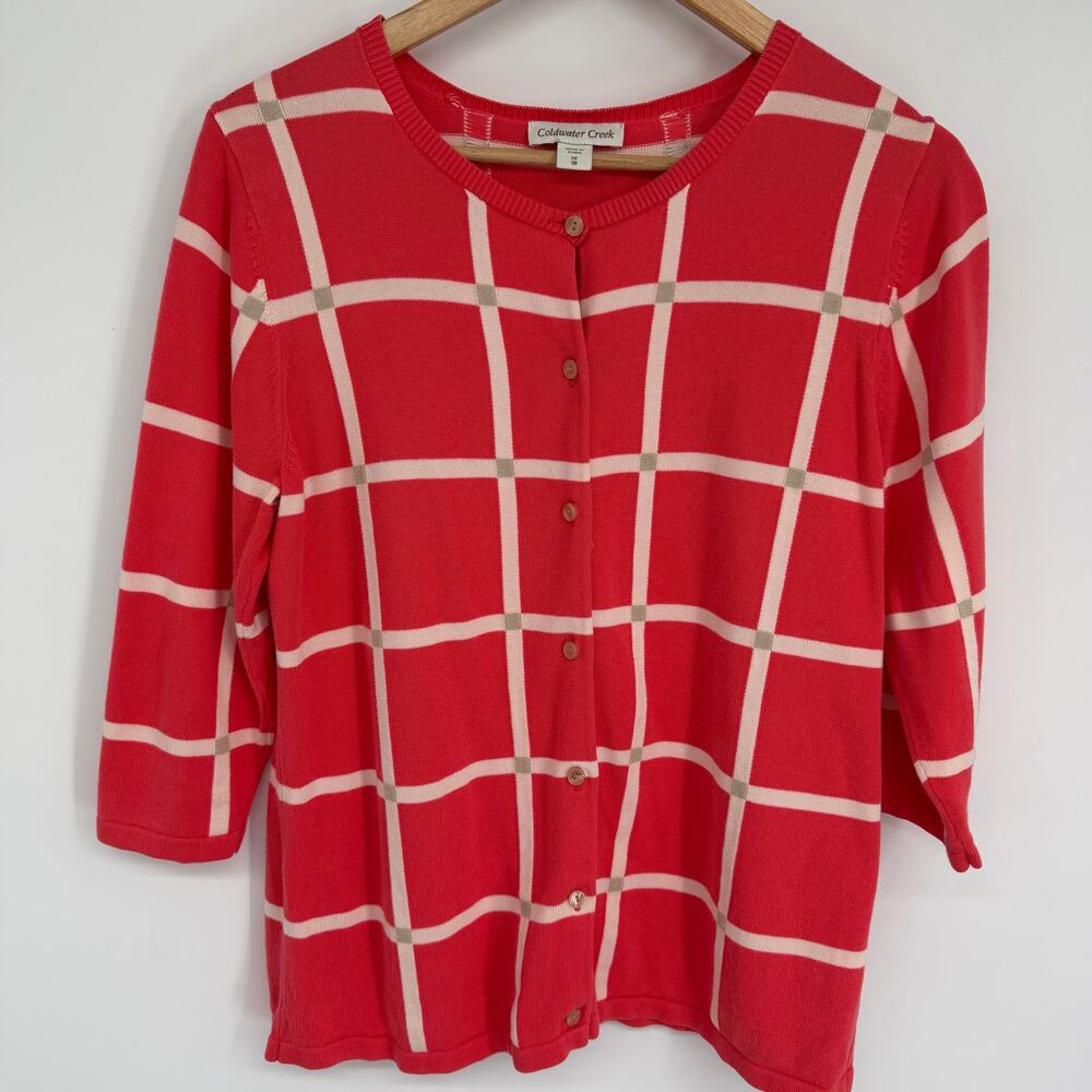 Coldwater Creek Cardigan Women's 1X Plaid Classic Traditional Coral & White